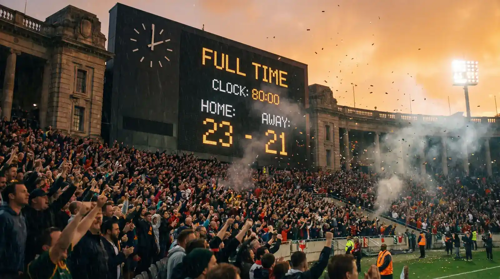 Rugby scoreboard at full time showing the final margin that settles winning margin bets
