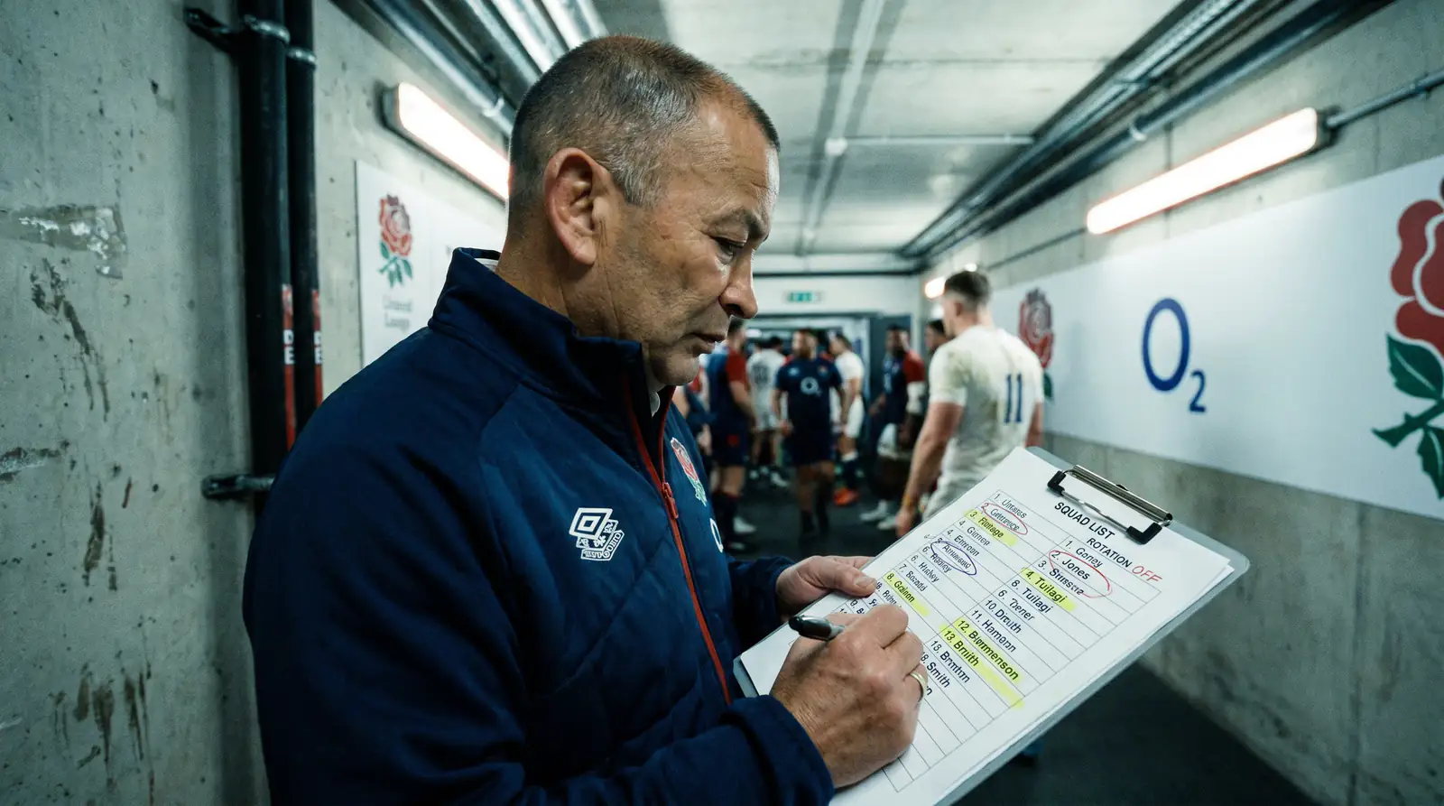 Rugby coach studying a team sheet with rotation options before the final autumn test match