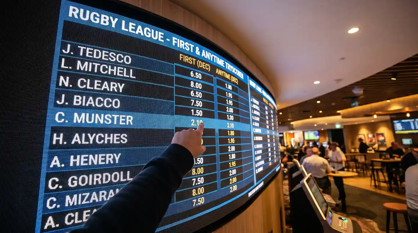 Sportsbook display listing first tryscorer and anytime tryscorer odds for a rugby match