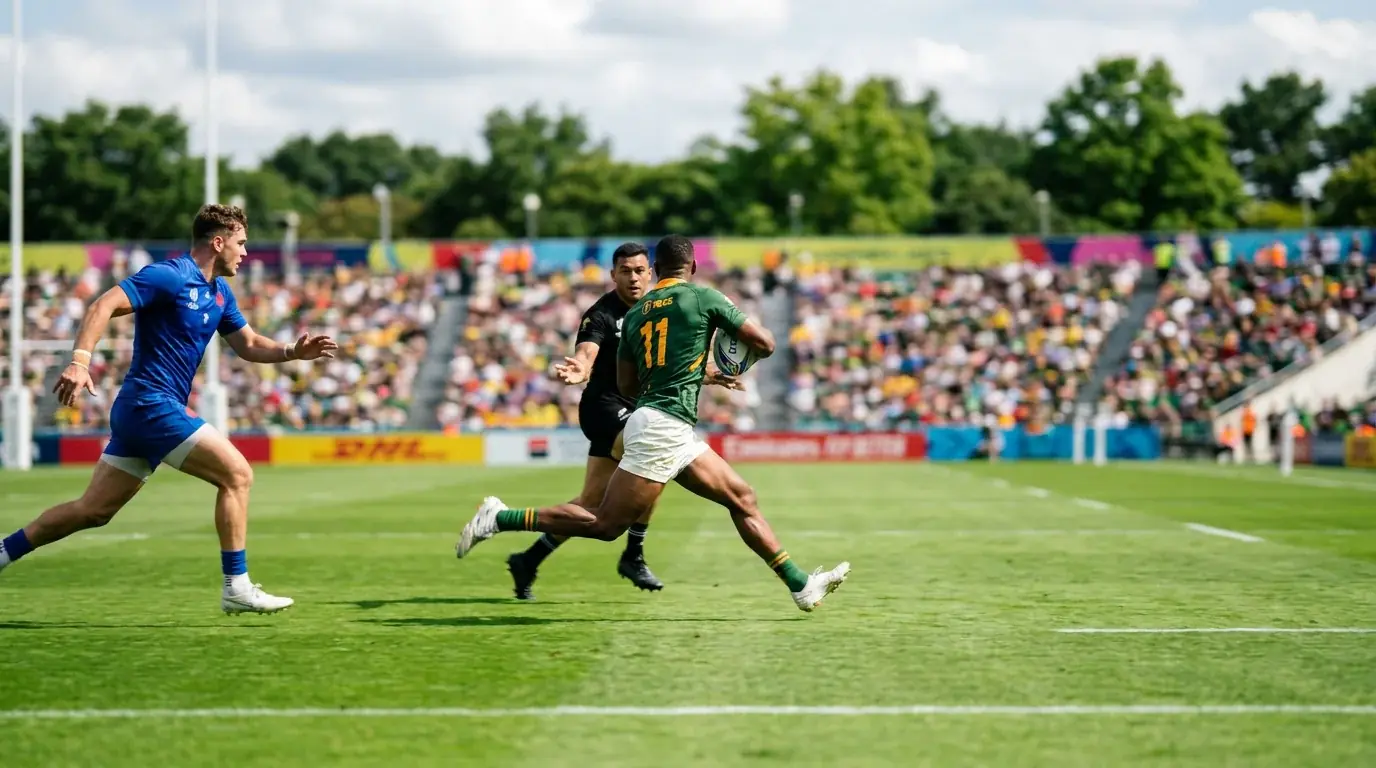 Rugby winger catching a pass on the wing with open space ahead during an attack