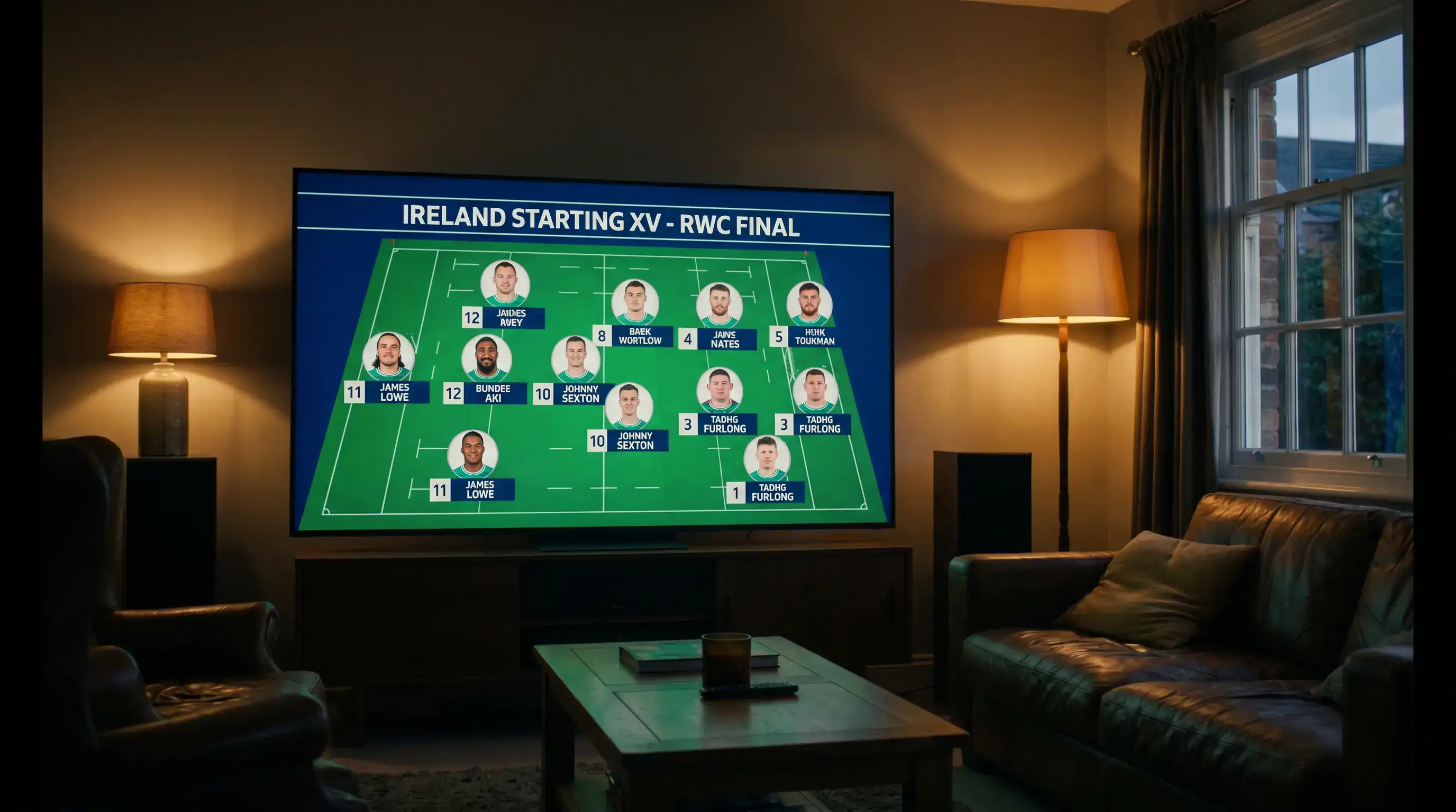 Rugby team lineup graphic showing player positions and their try-scoring records