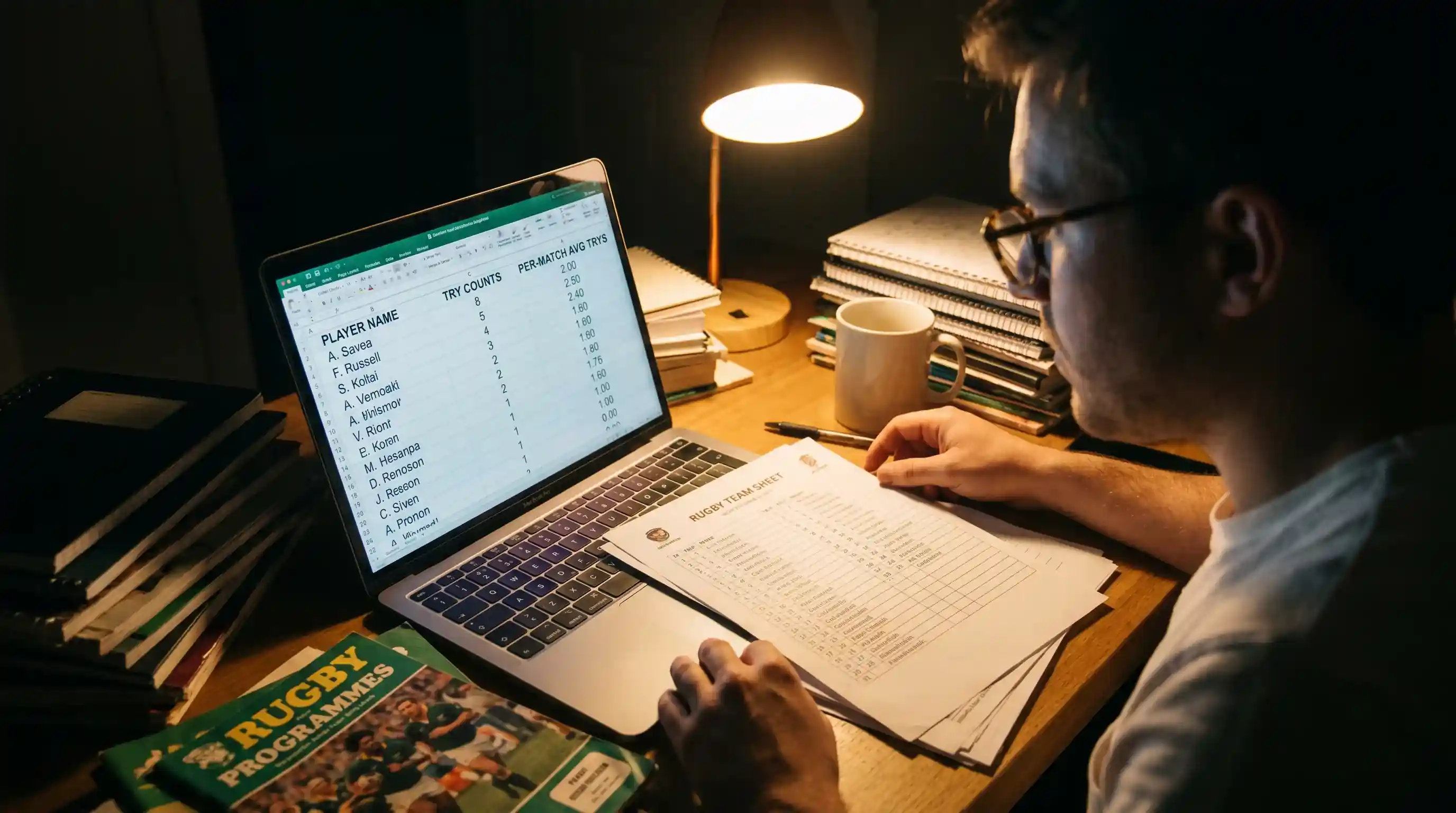 Analyst reviewing rugby tryscorer statistics on a laptop with performance data visible