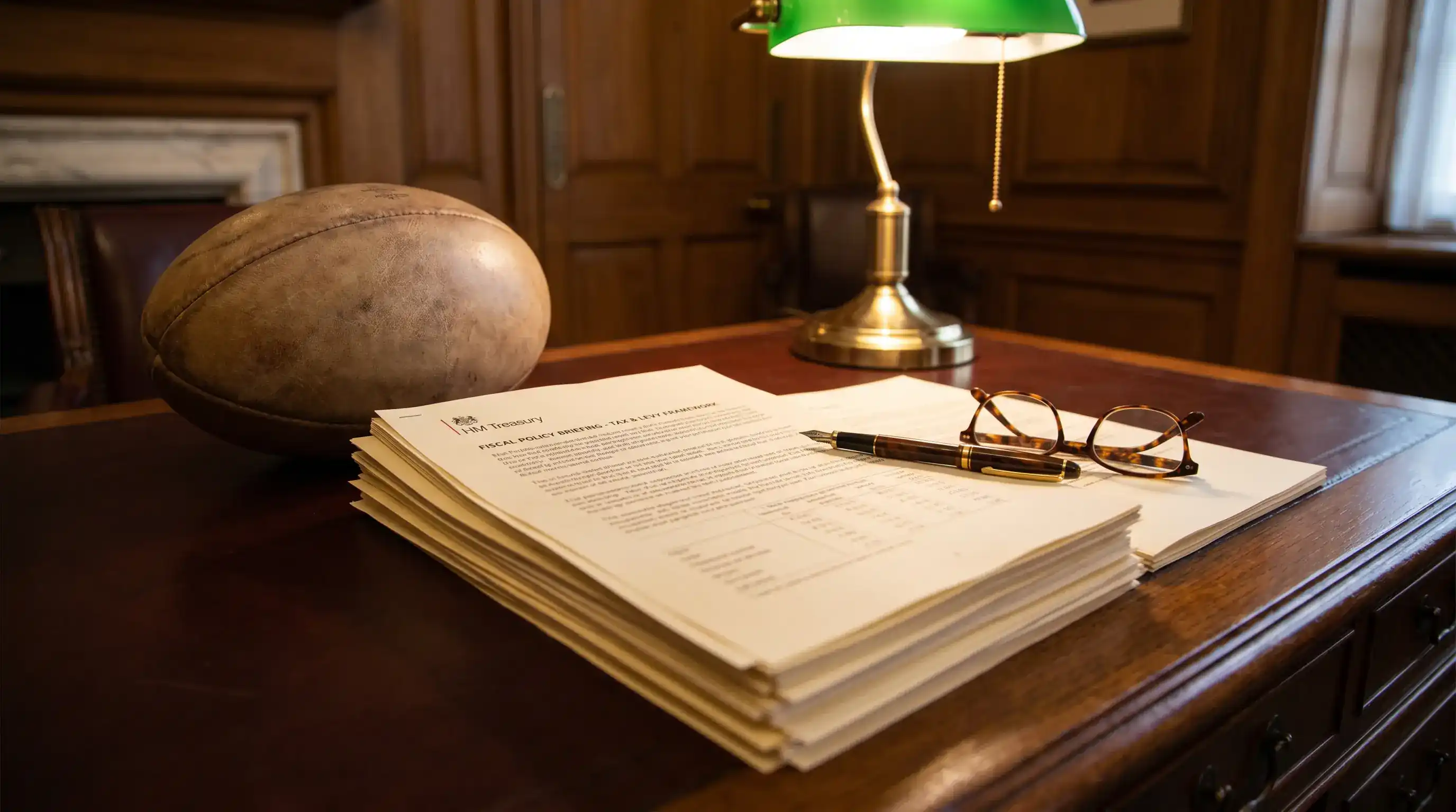 Stack of official UK tax policy documents with a rugby ball and betting slip visible beside them