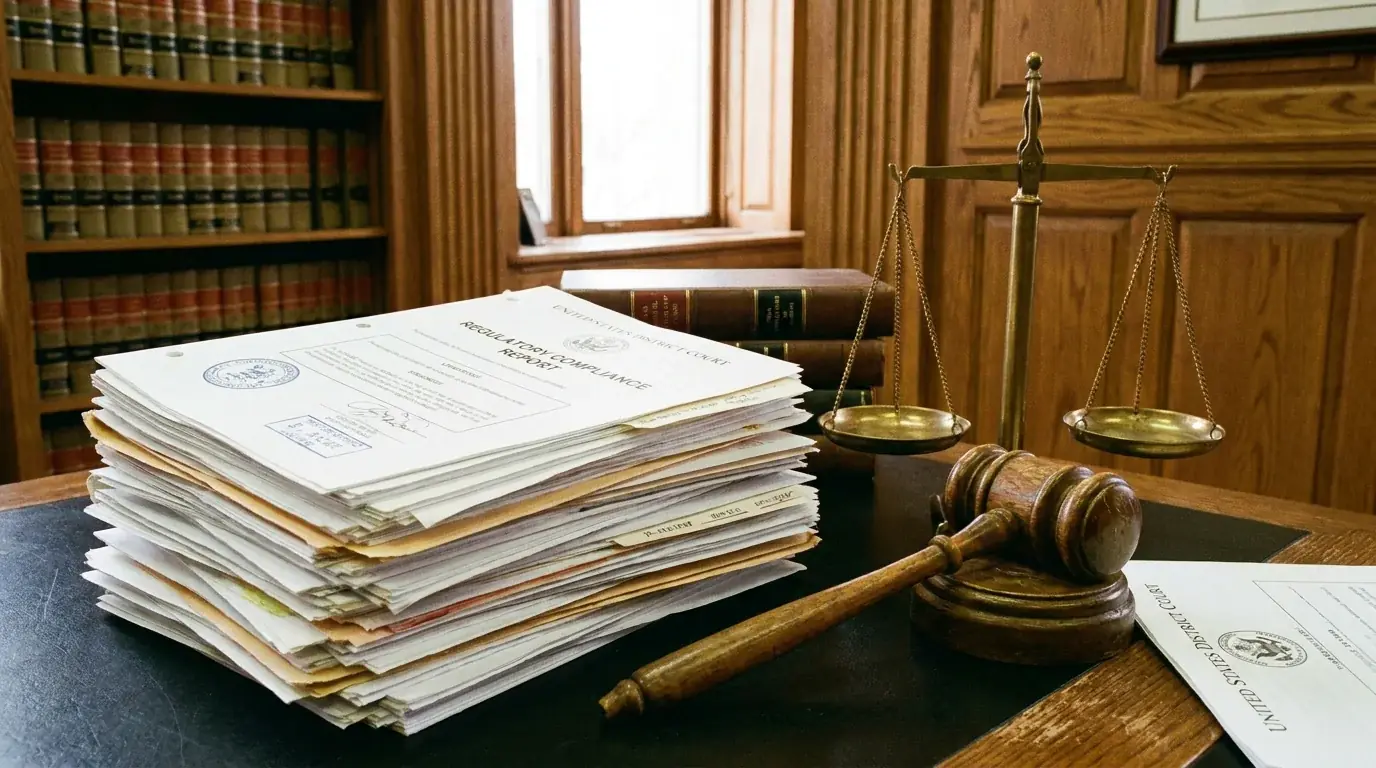 Regulatory compliance documents and a gavel representing gambling law enforcement in the UK