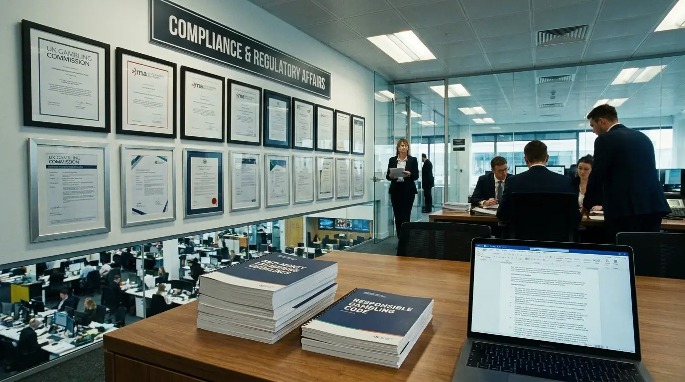 Licensed bookmaker compliance team office with regulatory documentation on display