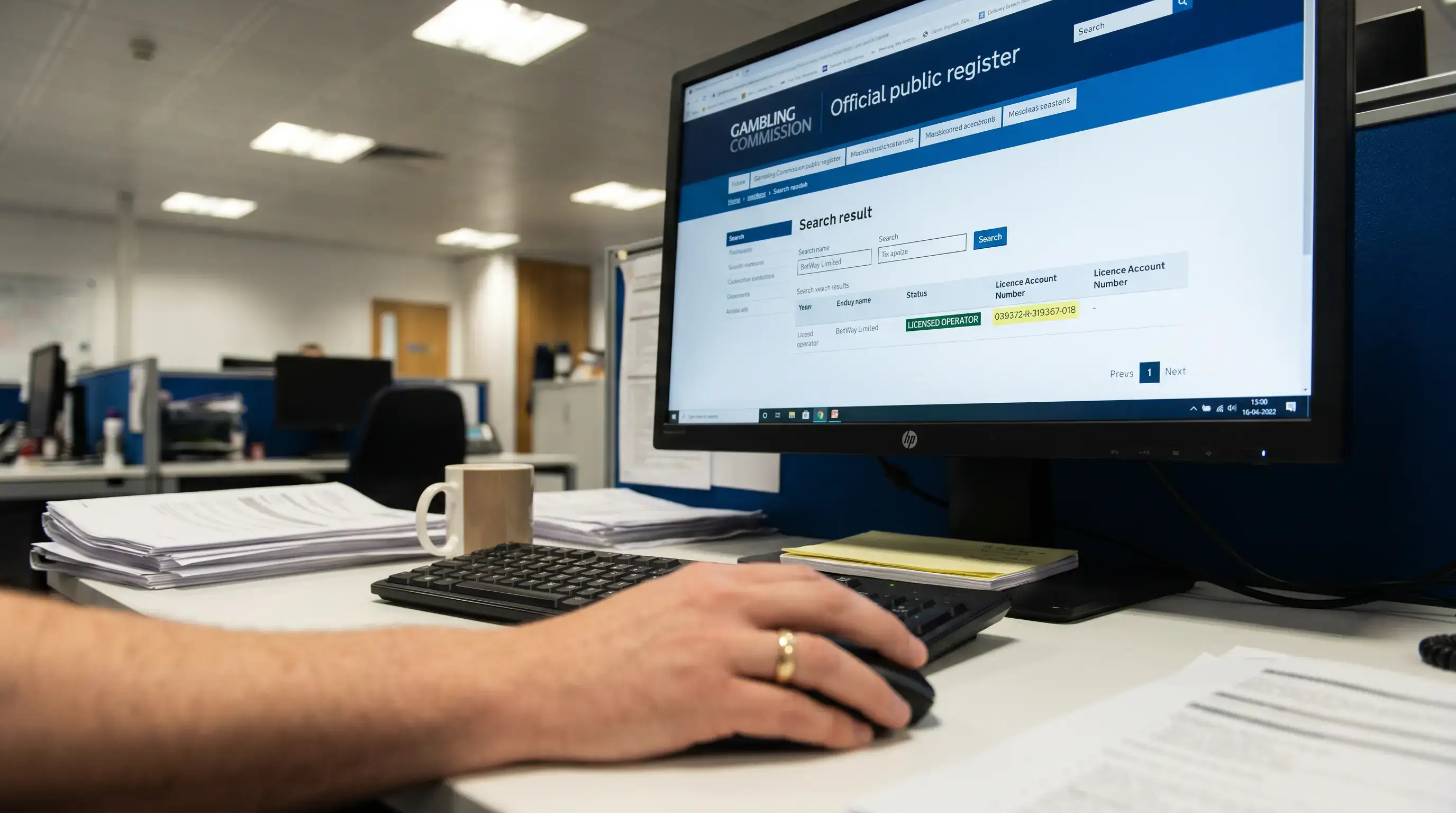 Gambling Commission public register search page open on a browser with search results visible