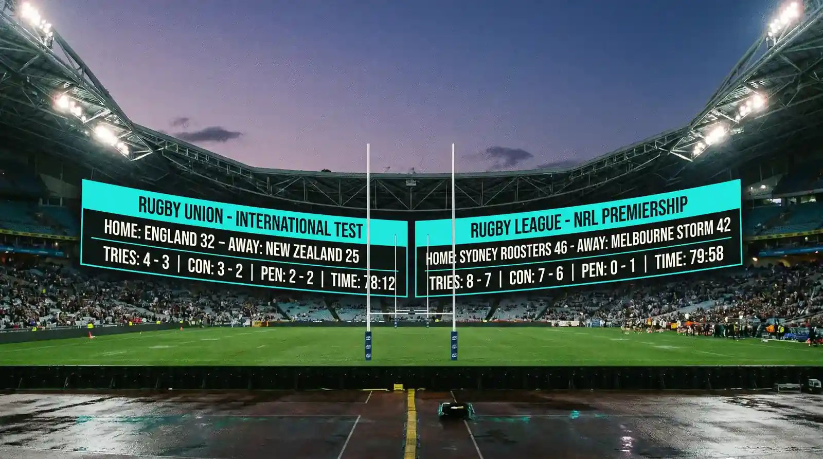 Scoreboard comparison showing different try values and conversion rules between union and league