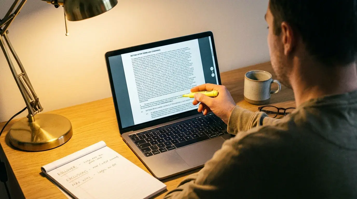 Person reading the fine print of a betting offer on a laptop screen with a highlighter pen nearby