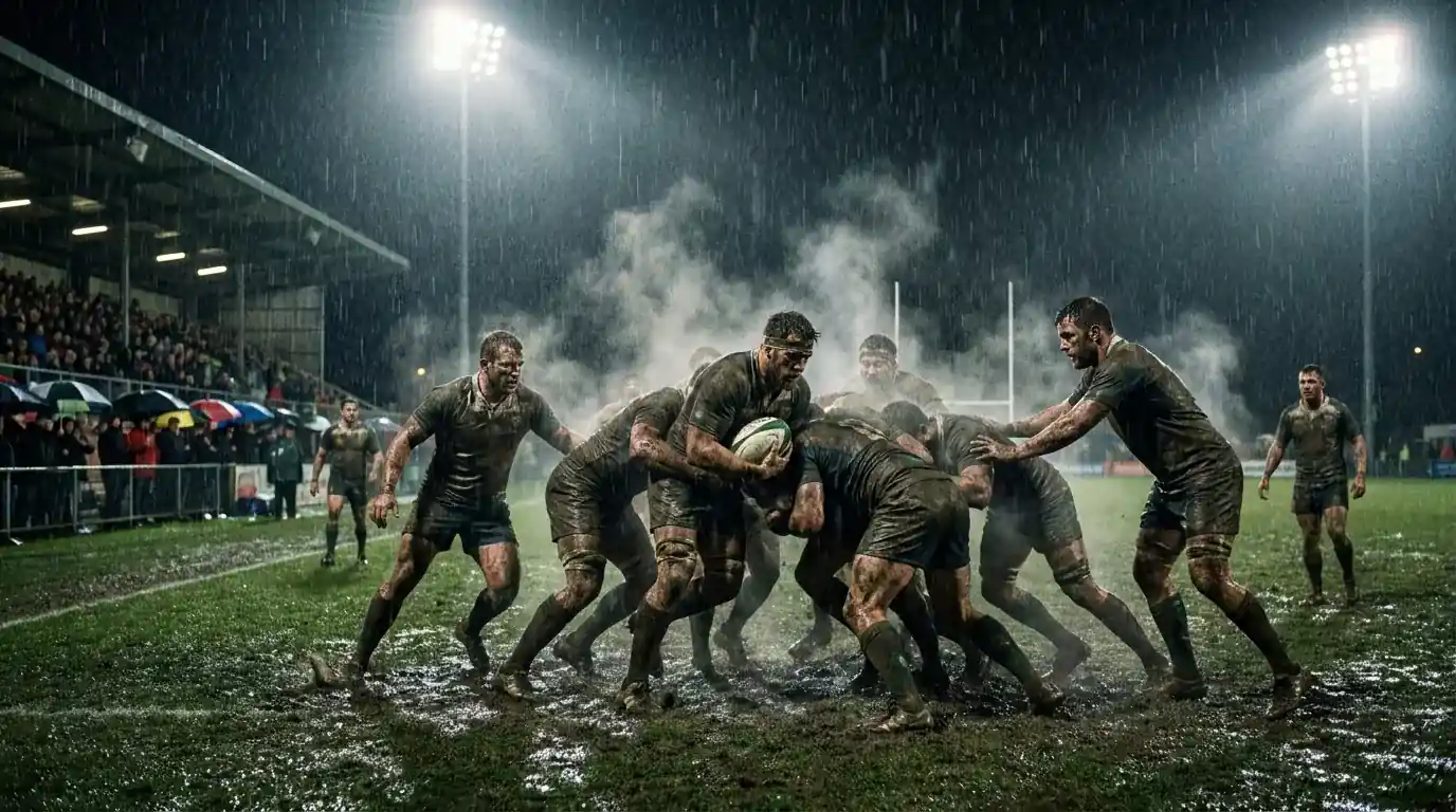 Rugby match being played in heavy rain affecting scoring conditions and total points