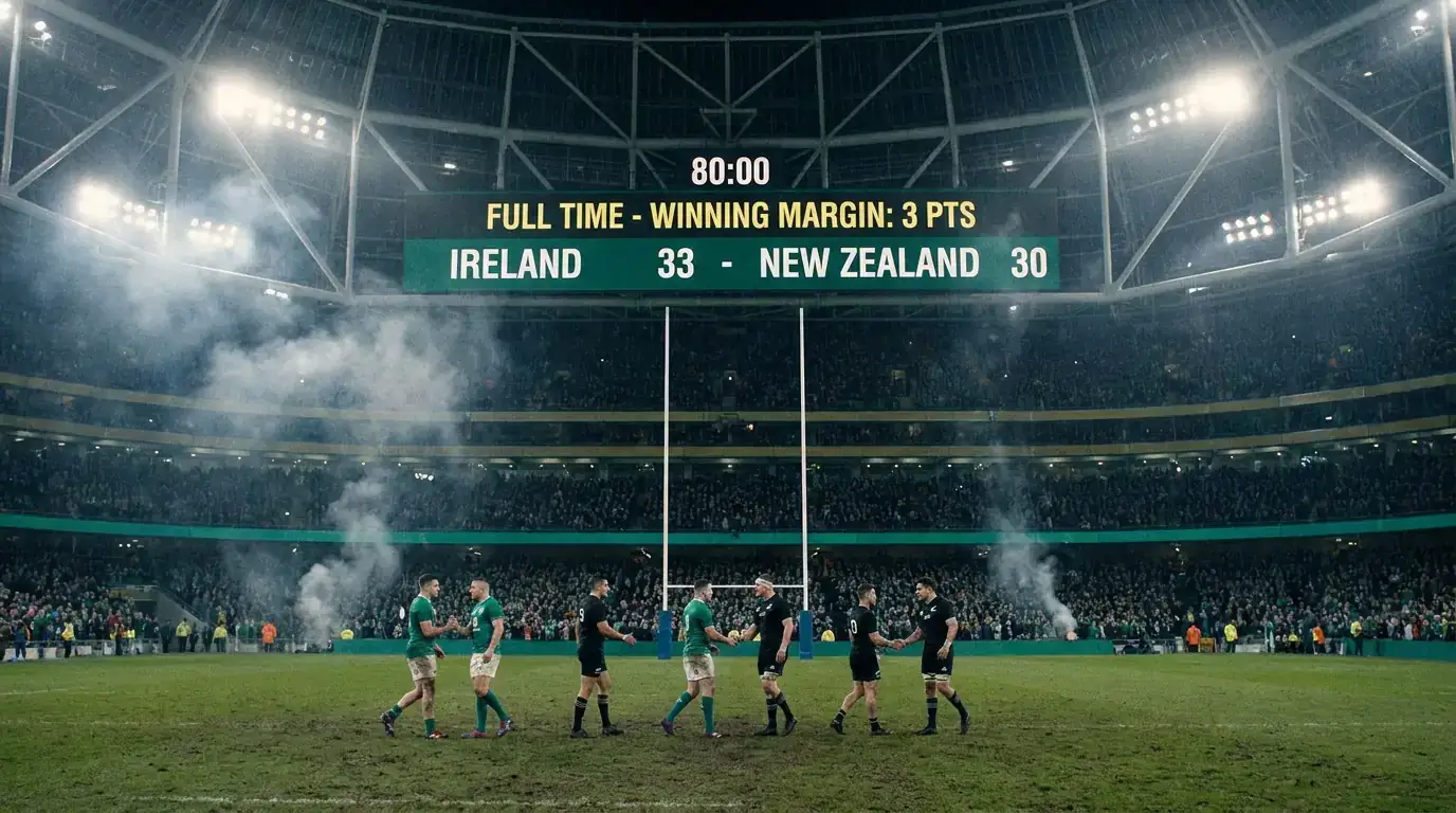 Rugby scoreboard showing the final winning margin that settles margin band bets
