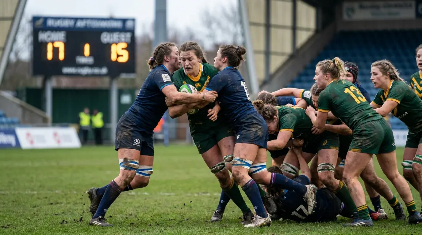 Two women's rugby teams in a tight contest illustrating competitive balance on the pitch