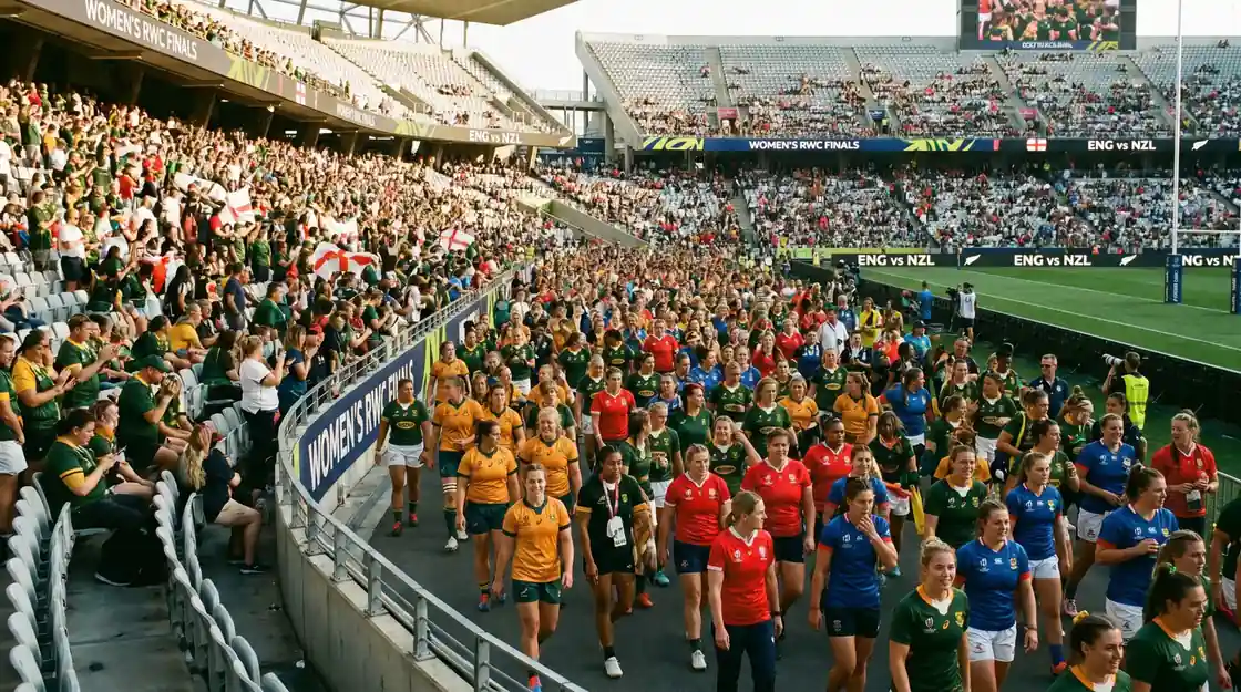 Growing crowd at a women's rugby international match reflecting rising public interest
