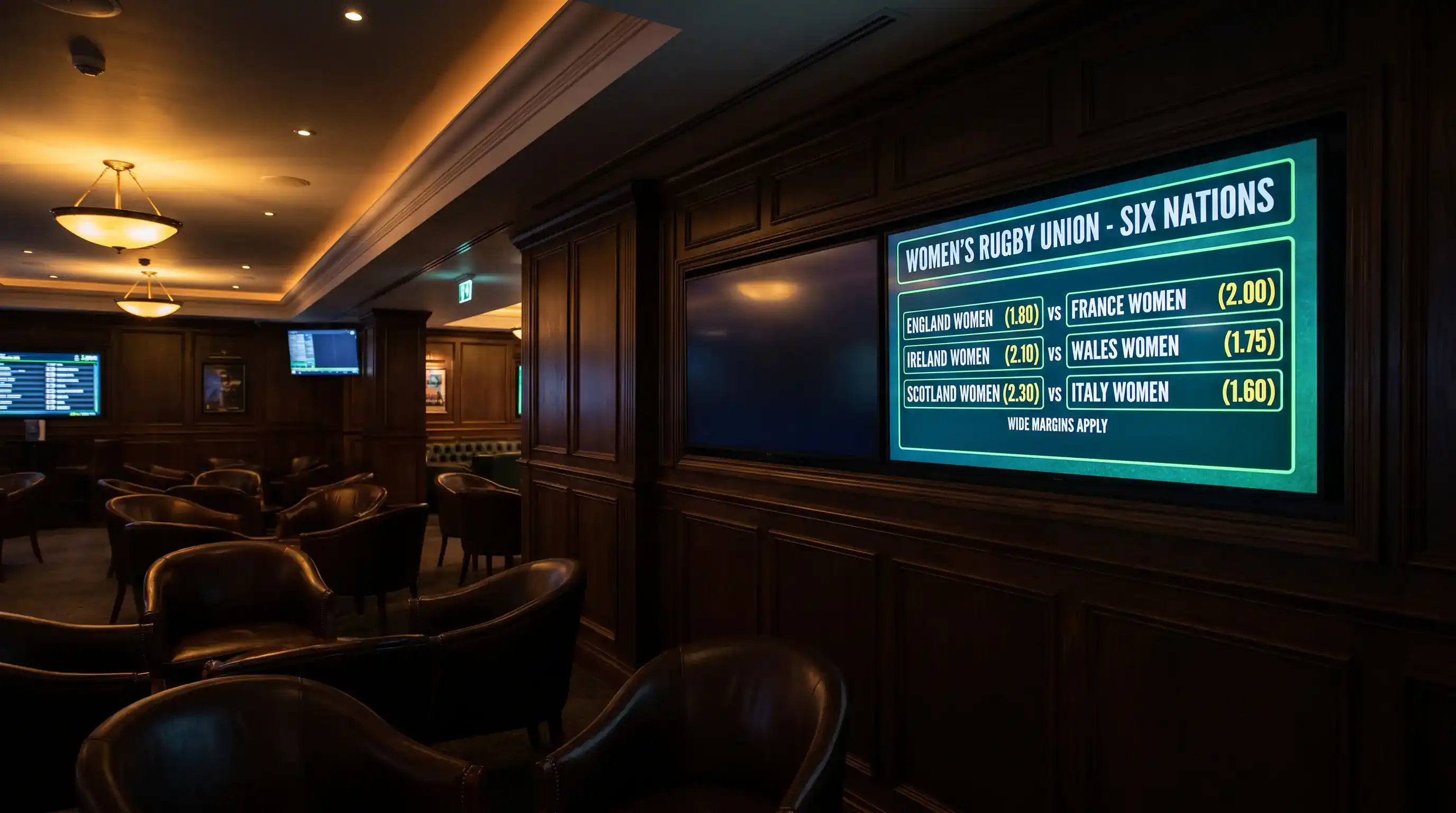 Odds board for a women's rugby match showing wide margins reflecting thinner market data