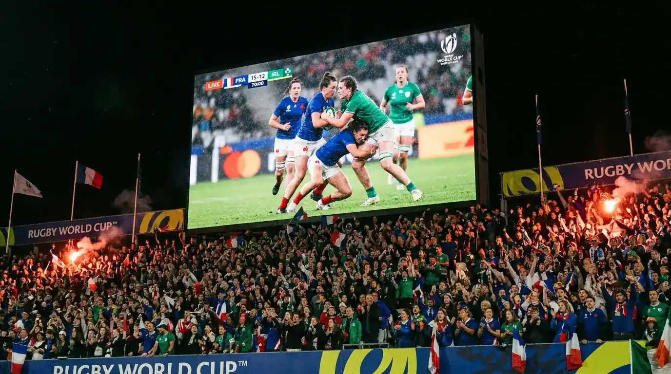 Women's Rugby World Cup match in progress on a large stadium screen with betting markets visible