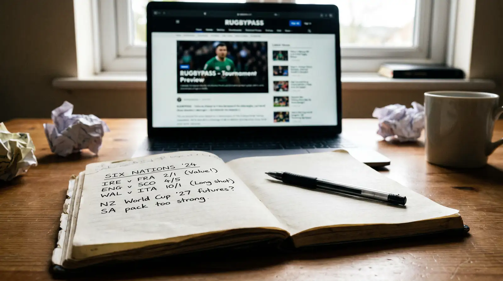 Notebook with pre-tournament betting notes and odds tracking for rugby outright markets