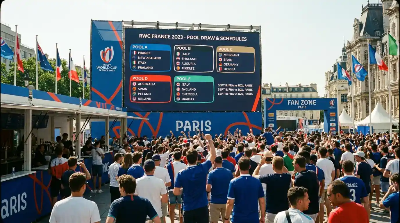 Rugby World Cup group draw displayed on a large screen with pool matchups listed