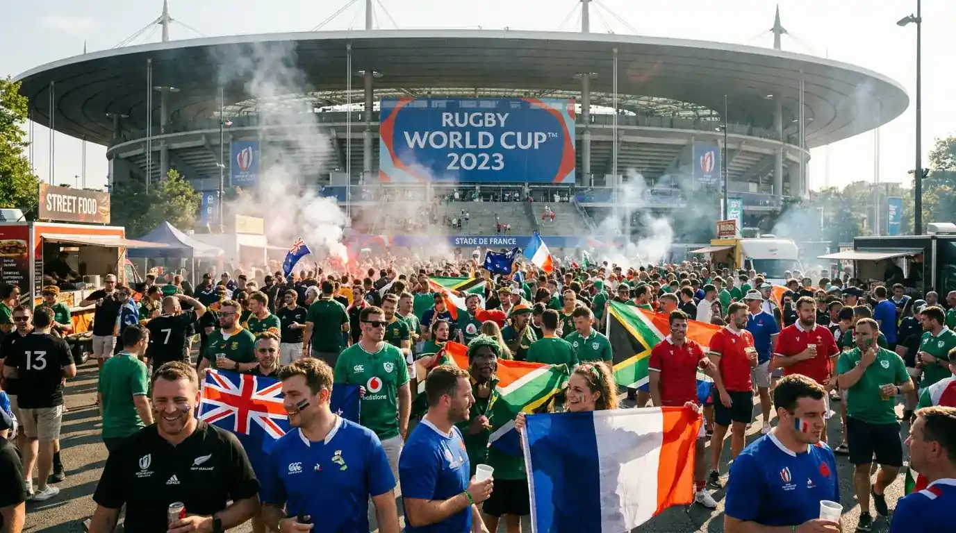 Fans in national rugby jerseys gathered outside a World Cup venue before kick-off