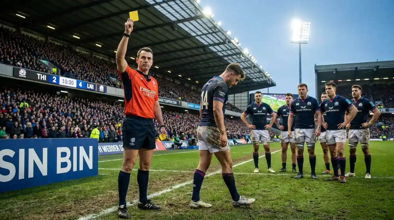 Rugby referee holding up a yellow card as a player leaves the field for the sin bin